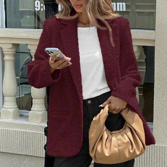 MODA ME COUTURE Jackets & Blazers - Burgundy Casual Women's Textured Notched Collar Blazer Jacket